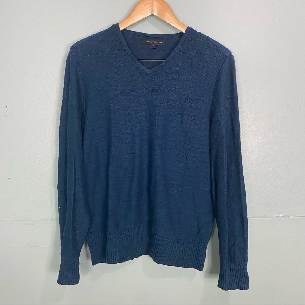 John Varvatos Blue V Neck Linen Blend Pullover Sweater Knit Sz‎ M